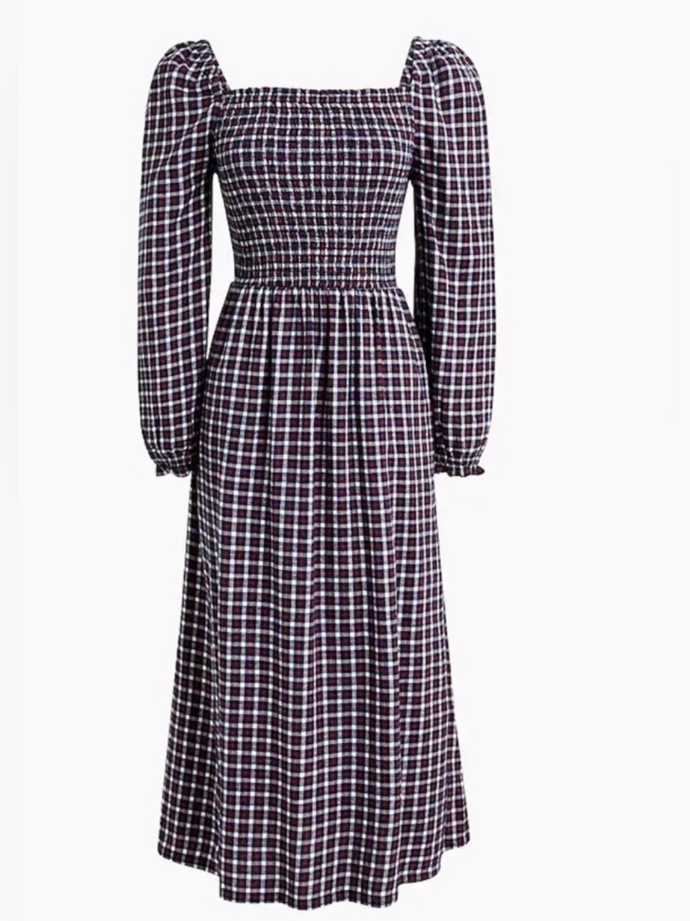 J. CREW Flannel Smocked Long Sleeve Midi Dress Blue Red Checked M